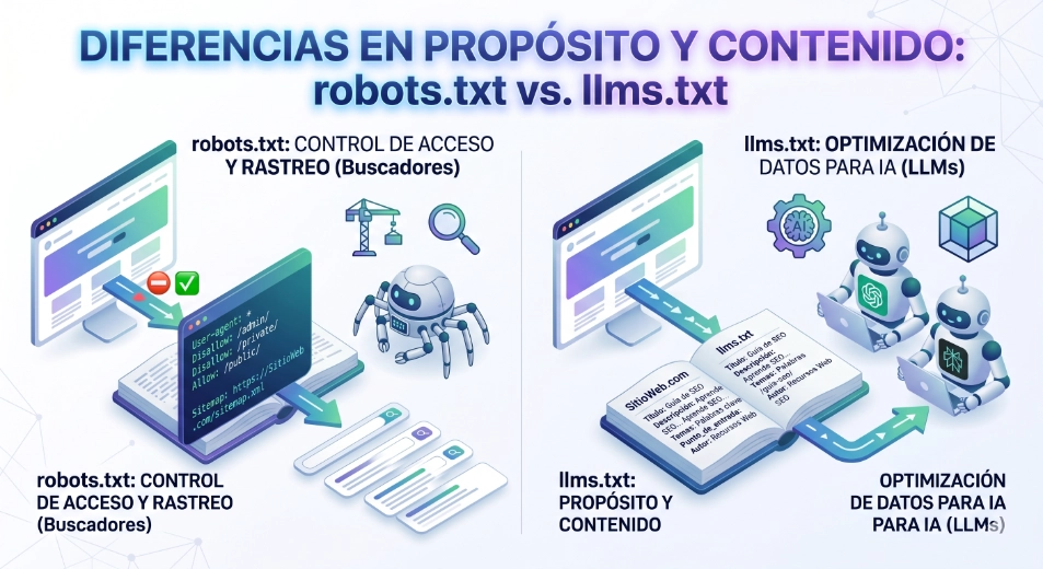 Diferencias entre robots.txt y llms.txt en propósito y contenido