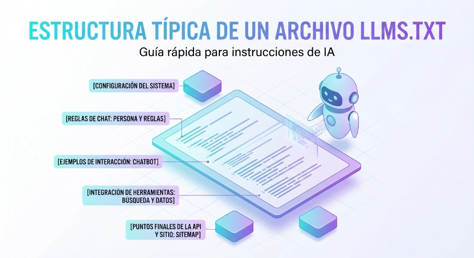 Estructura típica de un archivo llms.txt con secciones explicadas