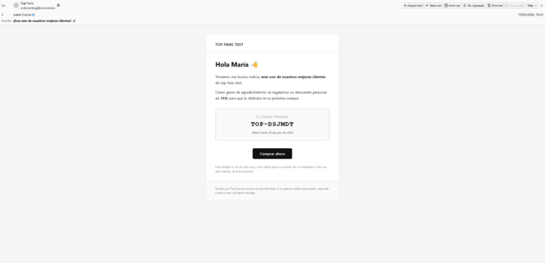 Top fans: app shopify. Email que reciben los clientes más leales
