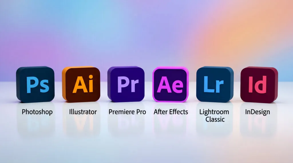 Iconos de Adobe 2026: Photoshop, Illustrator, Premiere Pro, After Effects, Lightroom e InDesign