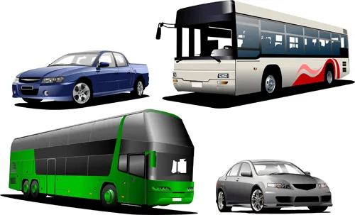 2 autobuses y 2 coches en vector