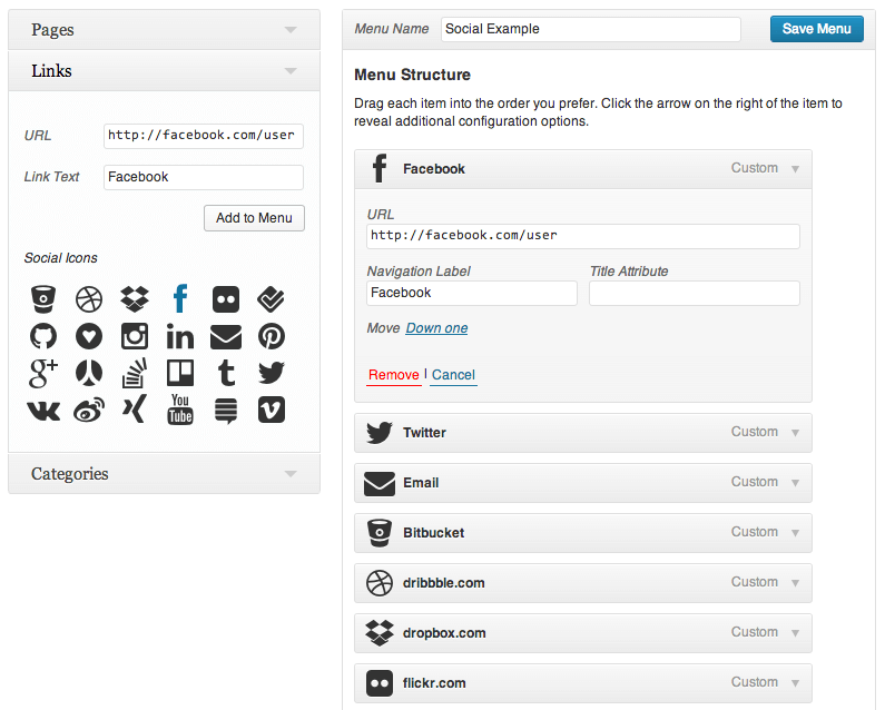 plugin redes sociales en un menú de wordpress