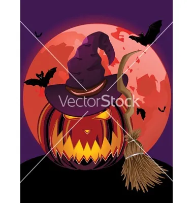 Halloween pumpkins with broom against red moon on night sky.