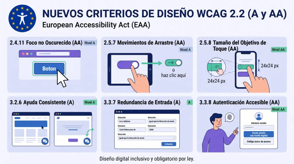 Los seis criterios nuevos de WCAG 2.2 de nivel A y AA que afectan al diseño y entran en la European Accessibility Act